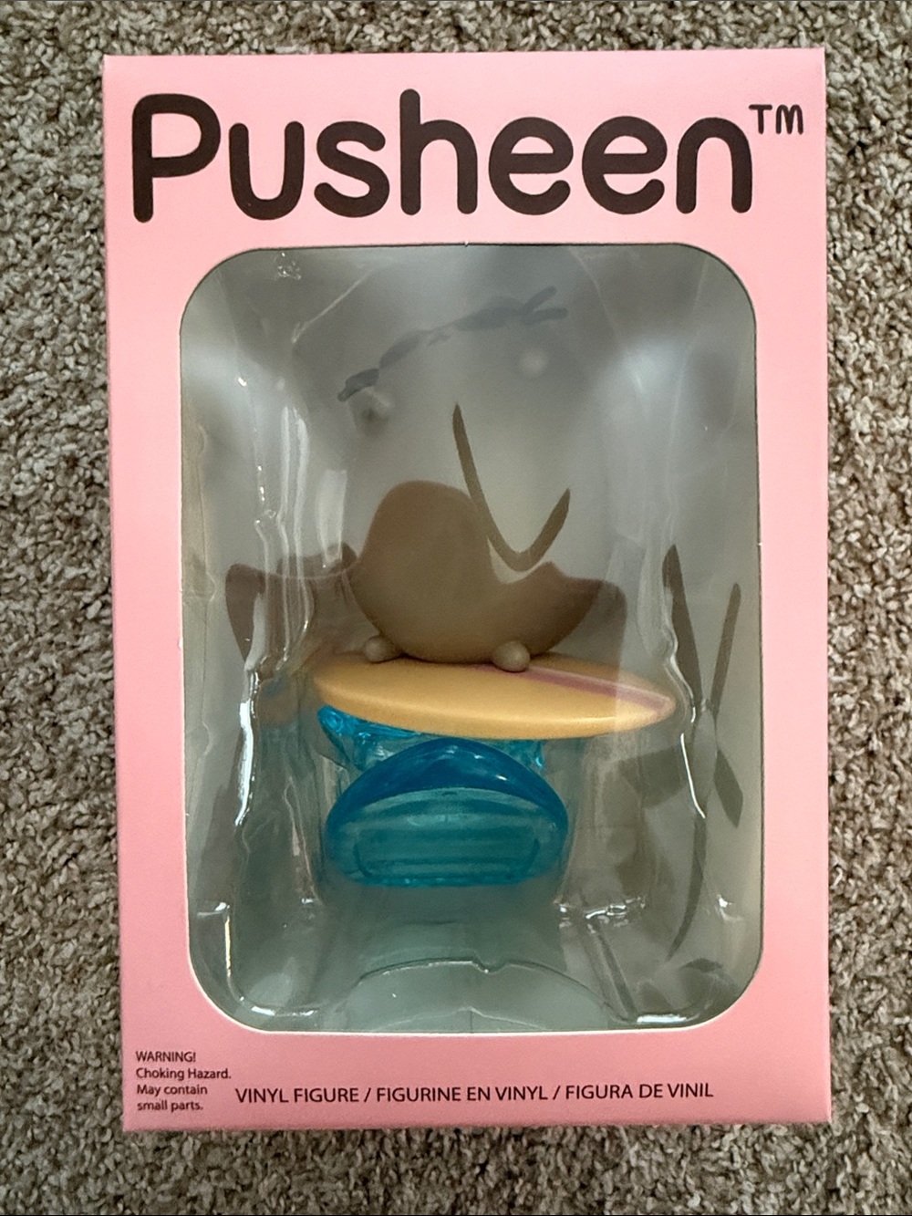 Pusheen Tan Cat on Blue Surfboard in Pink Window Box